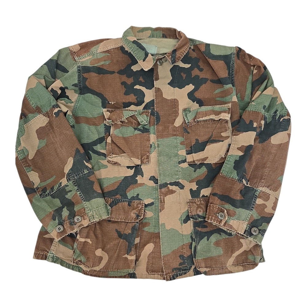 Military Woodland Camo Combat Jacket Medium-Regular Diatressed Long‎ Sleeve